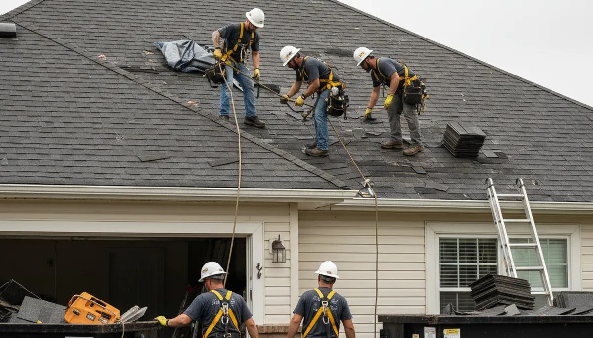 Arlington, TX storm damage cleanup crew removing fallen trees and broken limbs from a property