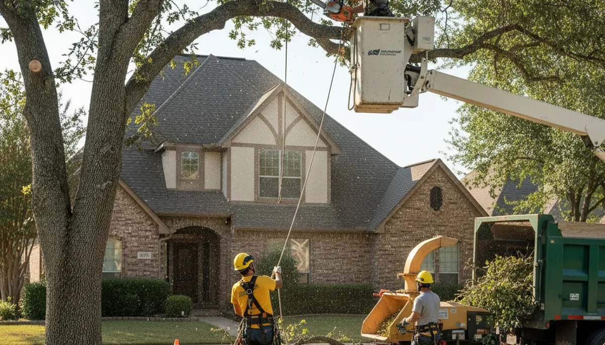 Tree service crew trimming trees in Arlington, TX for safe, professional property care