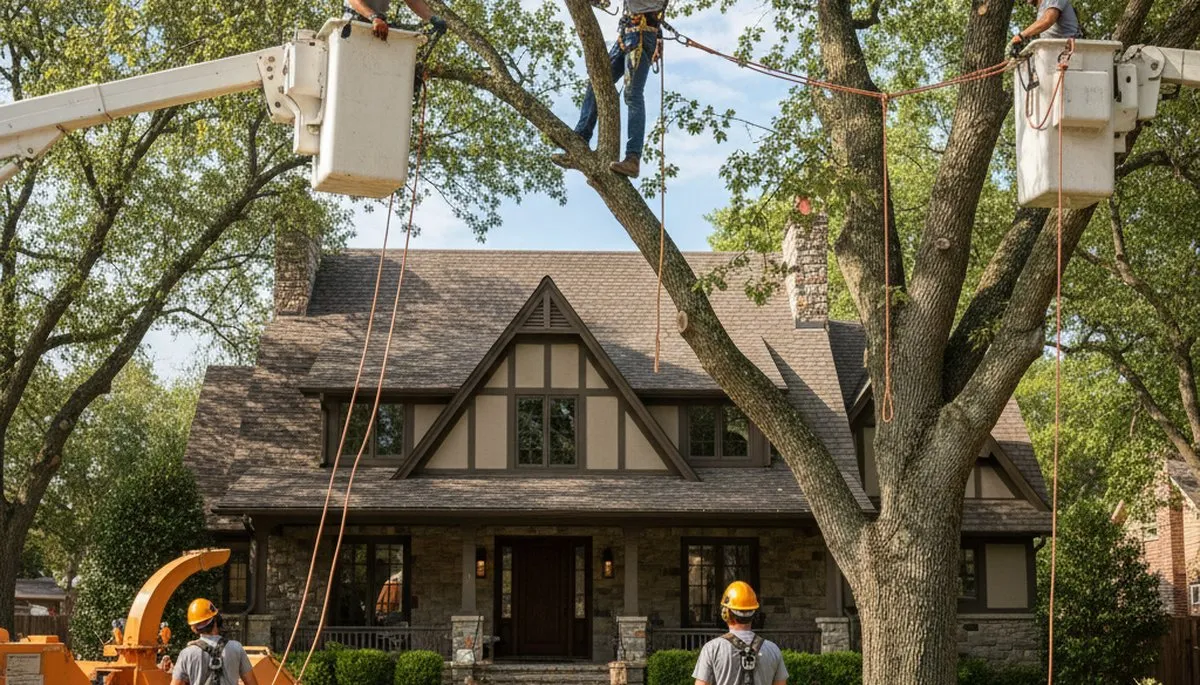 Tree service crew trimming a tree in Arlington, TX for safe, professional maintenance