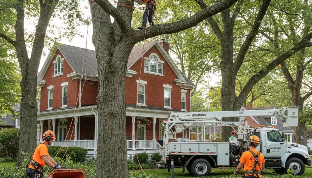 Tree service crew trimming trees in Arlington, TX for safe, professional property maintenance