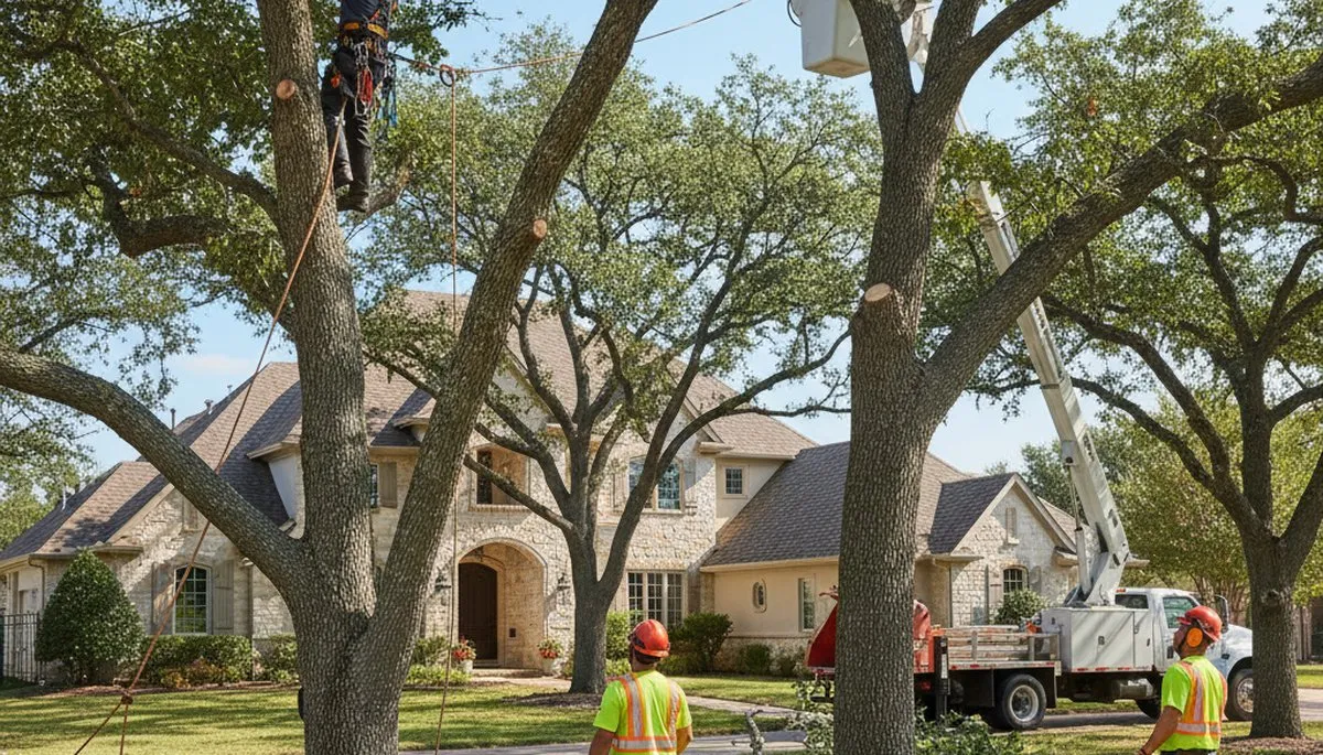 Tree service crew trimming trees in Arlington, TX for safe, professional property maintenance